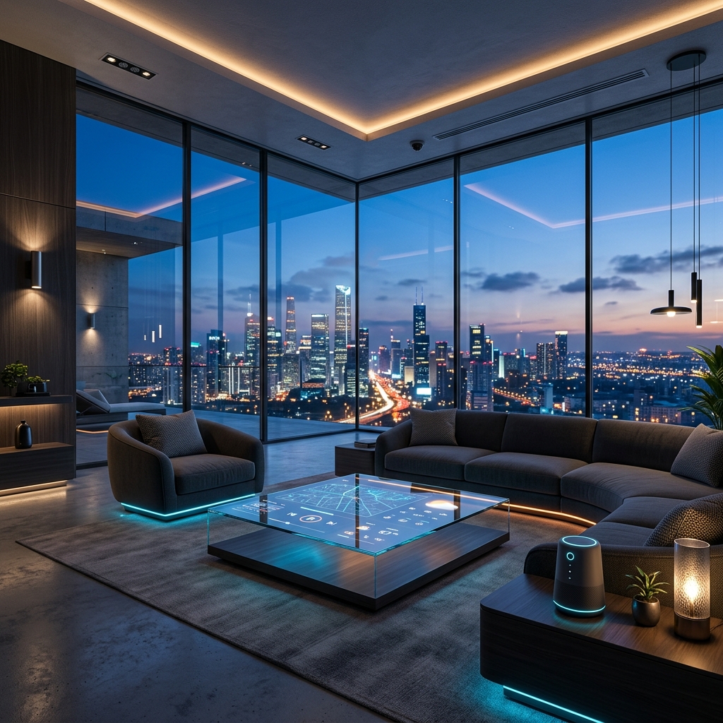 A futuristic smart home living room with glowing ambient lighting, modern minimalist furniture, an interactive glass coffee table, voice assistant speaker, large windows overlooking a twilight city, ultra high quality, cinematic lighting, 8k resolution, no people visible